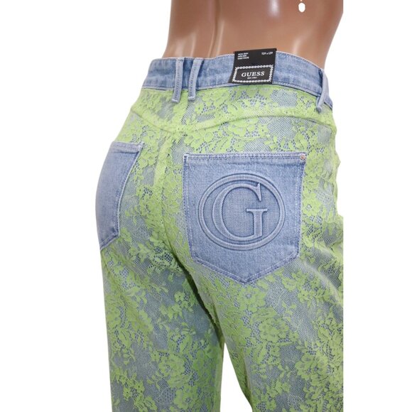 NWT GUESS High Waist Mom Jeans Green FLORAL Lace Overlay SKINNY Denim Jeans 28 - Picture 1 of 7